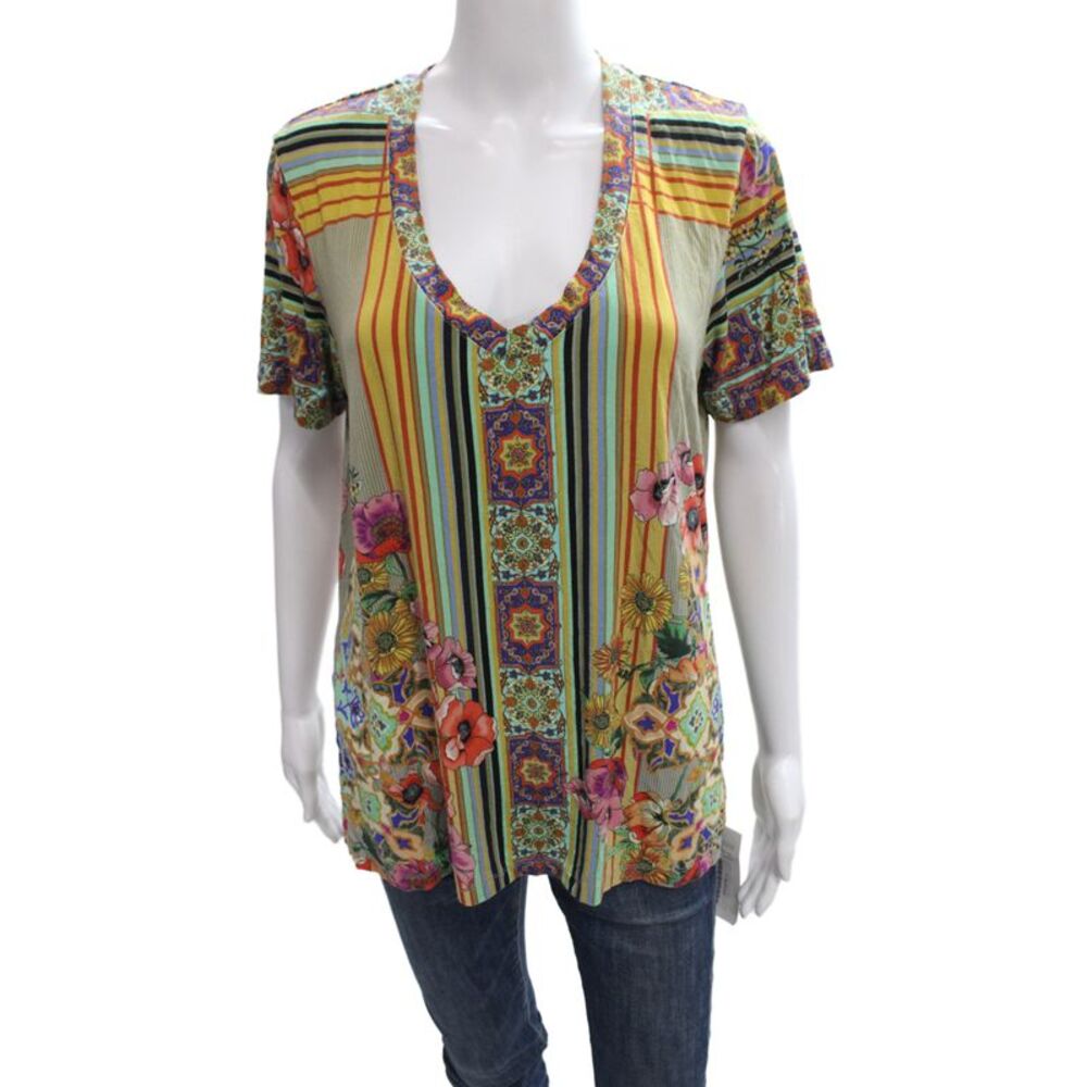 Johnny Was Women Tunic V-Neck Floral Multi Color Short Sleeve Size L